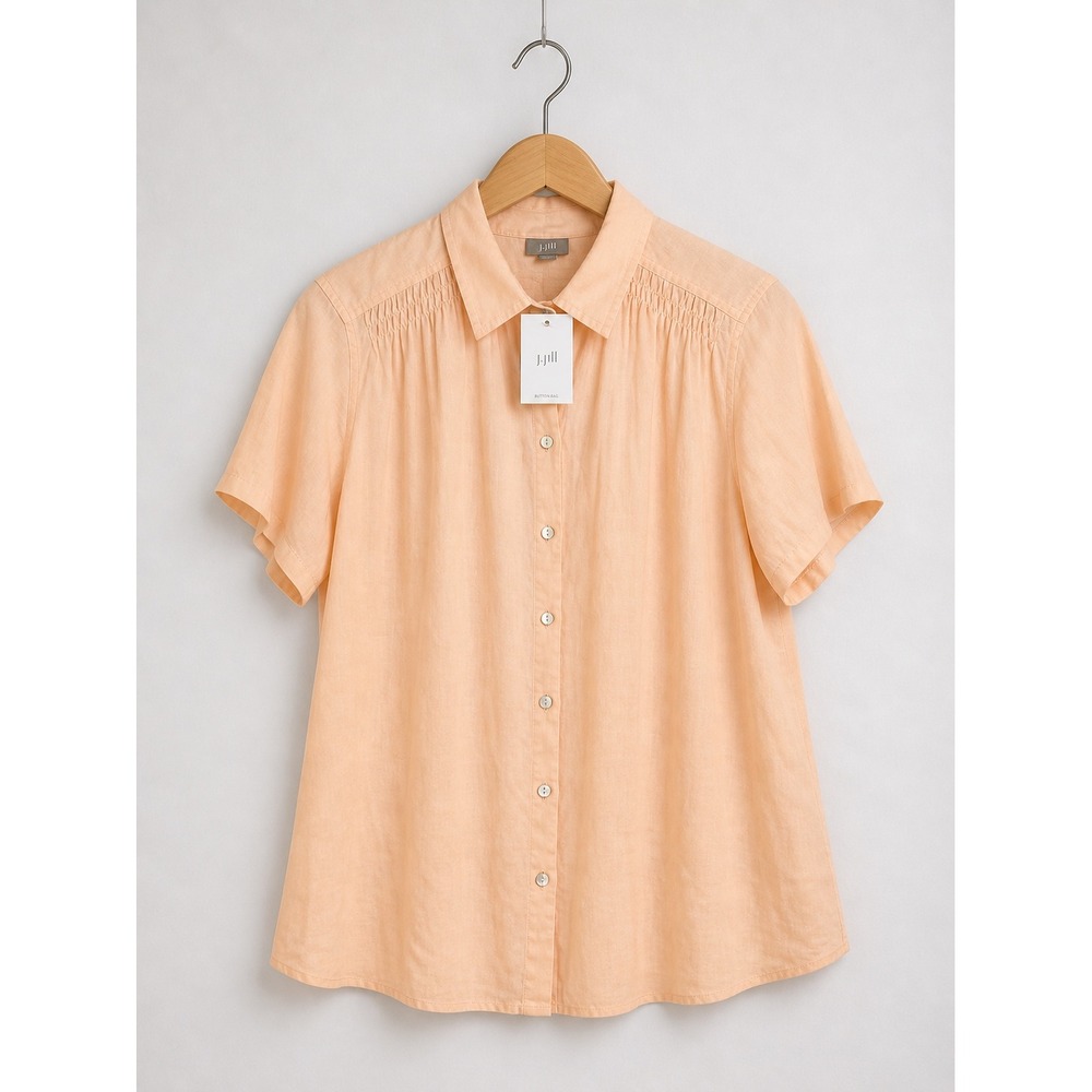 J. Jill Womens XL 100% Linen Short Sleeve Smocked Button Down Shirt Sorbet Peach